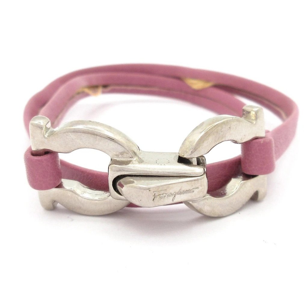 Salvatore Ferragamo Gancini Bracelet - Pink Silver Leather Bracelet 693$